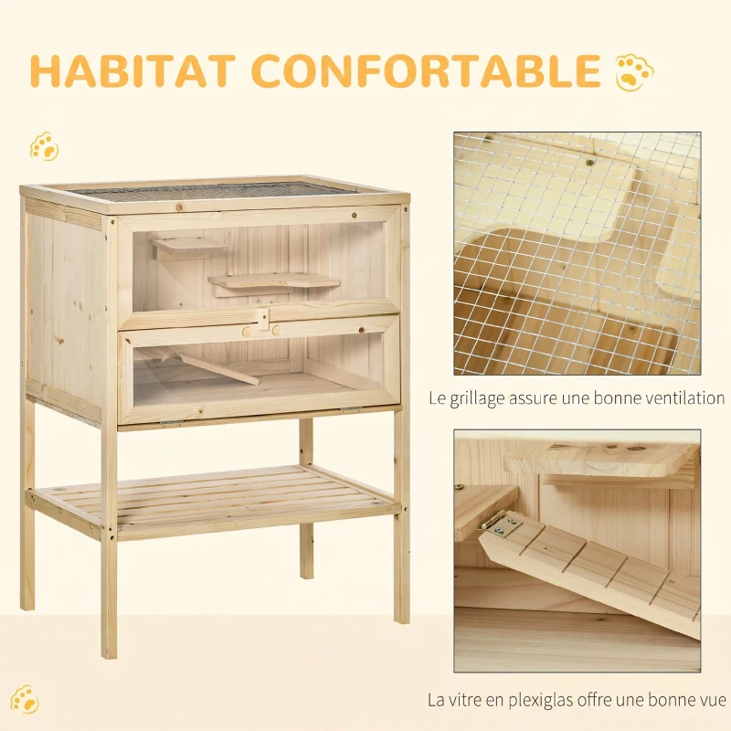 PawHut Cage Hamster en Bois à 3 Niveaux avec Plateformes, Échelles, Étagère, Fenêtre, Toit Ouvrable, 60x40x80cm, Naturel