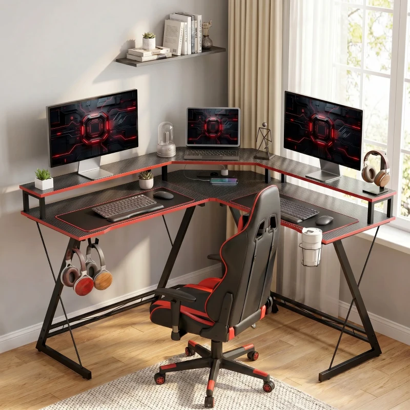 HOMCOM L-vormig computertafel met stopcontacten, 128 cm hoekbureau met monitorstandaard, hoofdtelefoonhaak & bekerhouder
