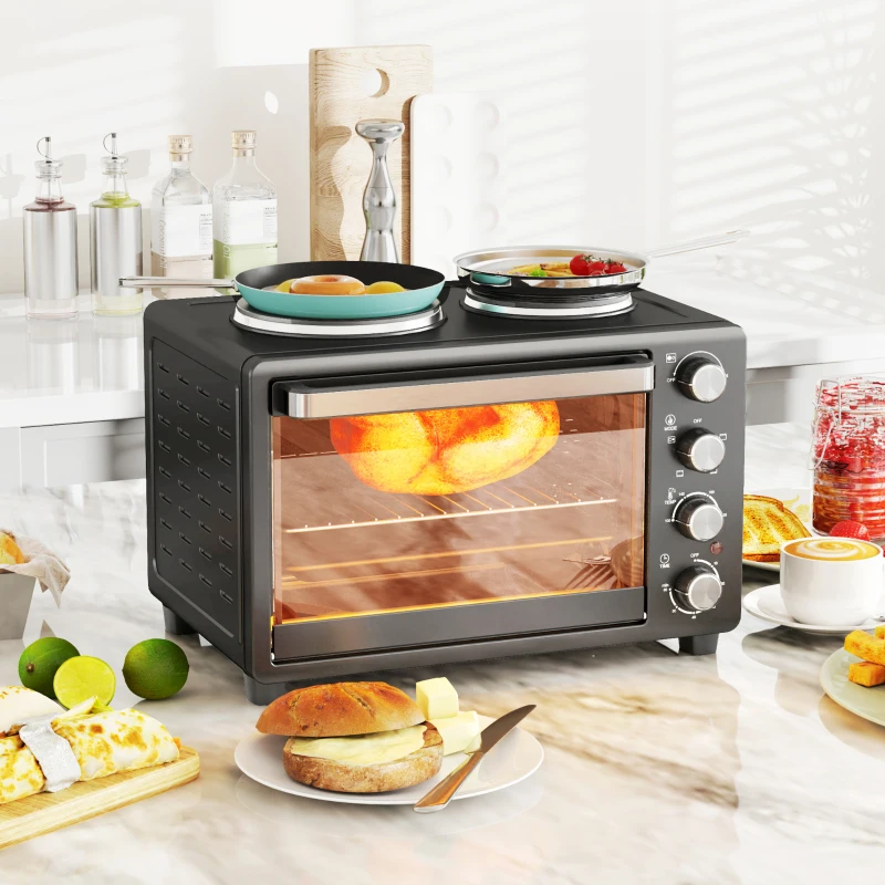 HOMCOM Forno Elétrico de Bancada 28L 2600W com Placas de Cozedura, Temperatura Ajustável, Temporizador e Tabuleiro, Preto