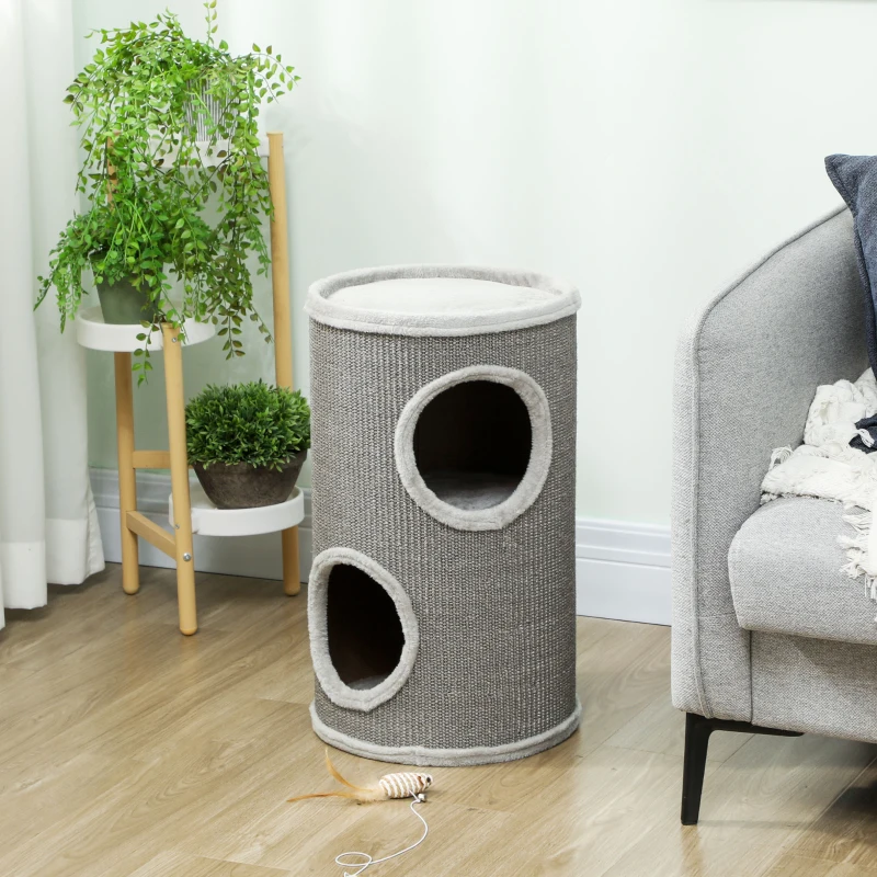 PawHut Tonneau à Gratter pour Chat, Tour à Griffer, Arbre à Chat à 2 Couches en Sisal Naturel, Ø35x60cm, Gris Clair