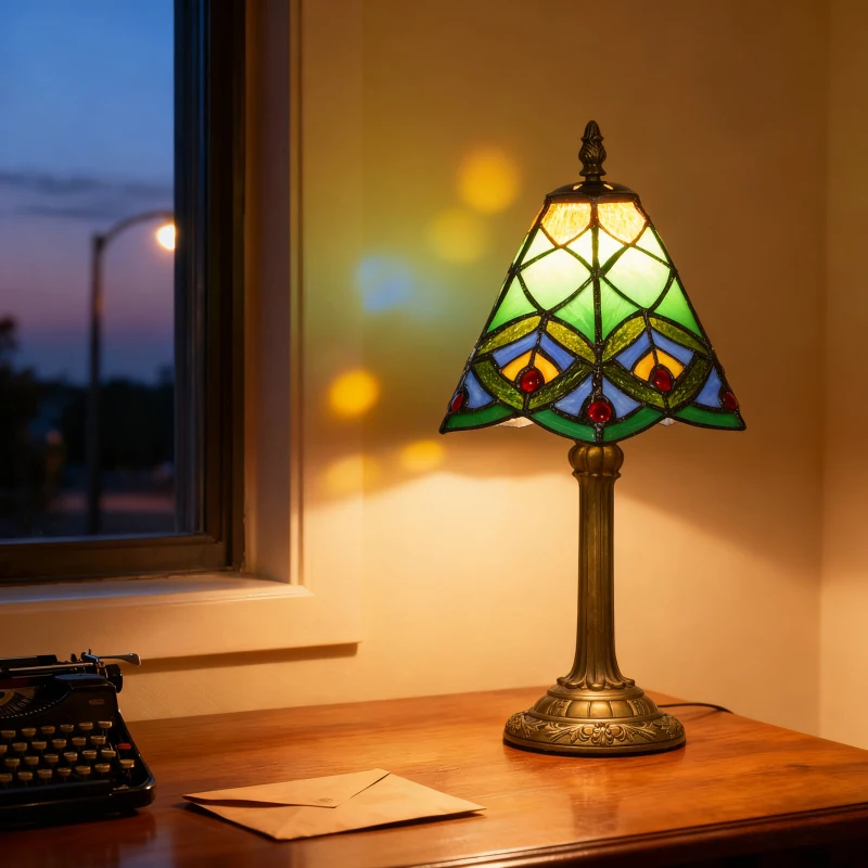 HOMCOM Tiffany-Style Table Lamp with Geometric Patterns, Handcrafted Antique Stained Glass Bedside Lamp for Living Room and Bedroom, E27 Socket, Green