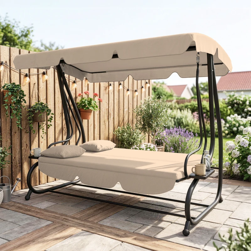 Outsunny Balancelle de jardin 3 places convertible toit inclinaison réglable 2 tablettes 2 x 1,2 x 1,64 m acier sable