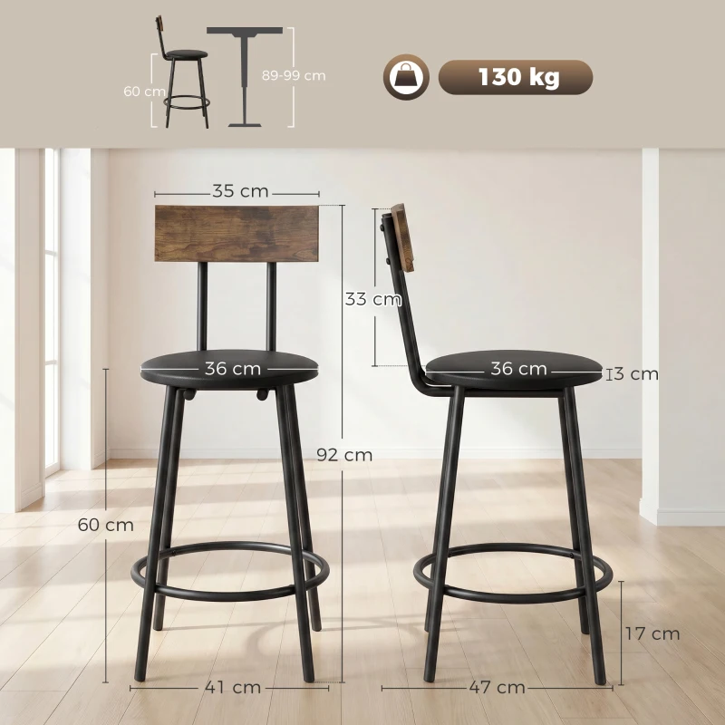 HOMCOM Set de 2 taburete de bar cu spătar și suport pentru picioare, tapițate în PU 41x47x92 cm Negru