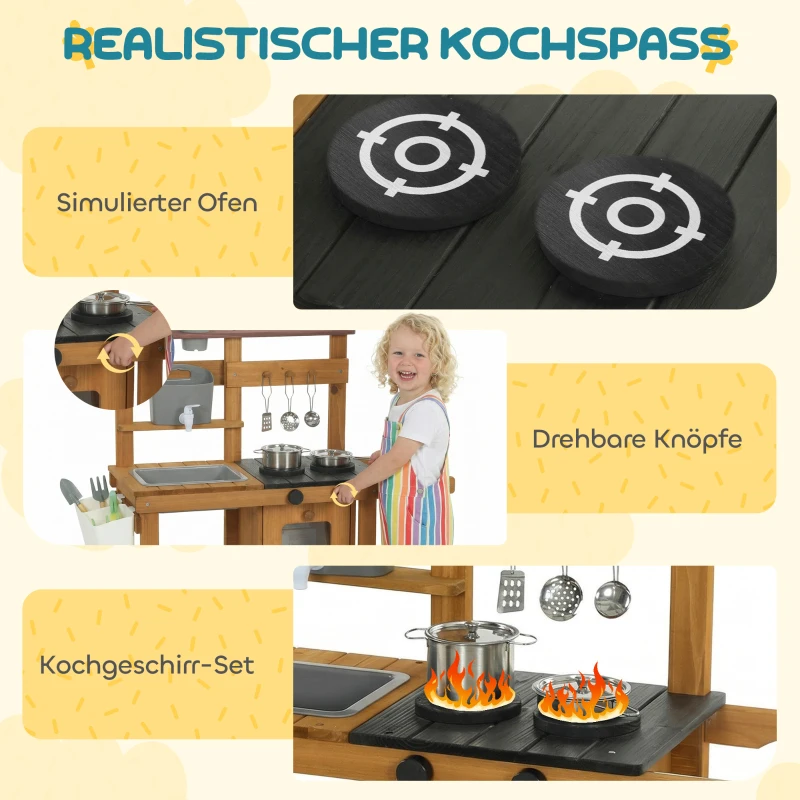 AIYAPLAY Matschküche Kinder Outdoor Spielküche aus Holz mit Wasserhahn Spüle Pflanzkasten Rädern Stauraum für 3-6 Jahre Braun