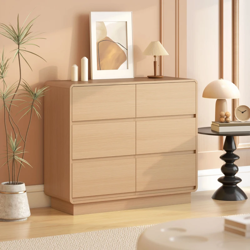 HOMCOM 100 cm Sideboard, Buffetschrank mit 6 Schubladen, Kommode für Küche, Wohnzimmer, Esszimmer, Naturholz