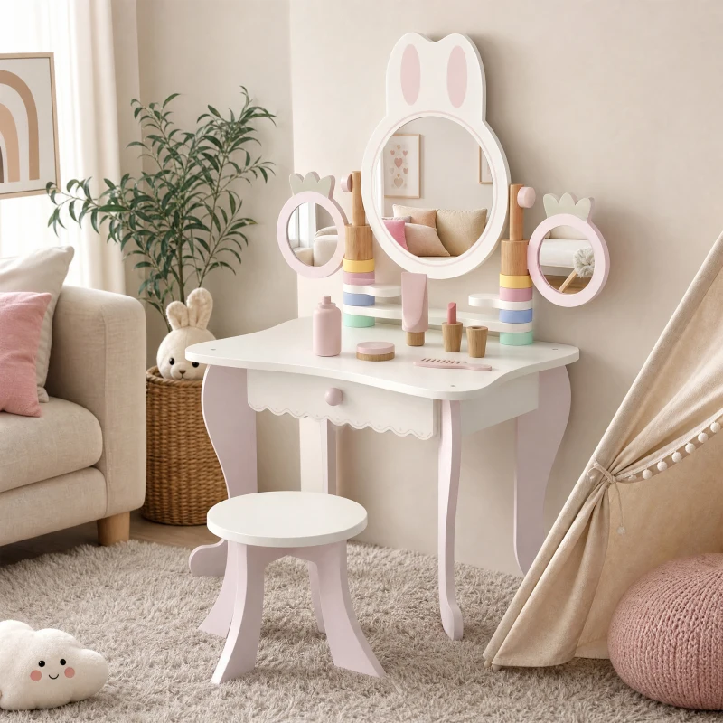 AIYAPLAY Coiffeuse enfants avec tabouret, 3 miroirs et 5 accessoires, poste de maquillage pour fille avec tiroir, 3+ ans, rose
