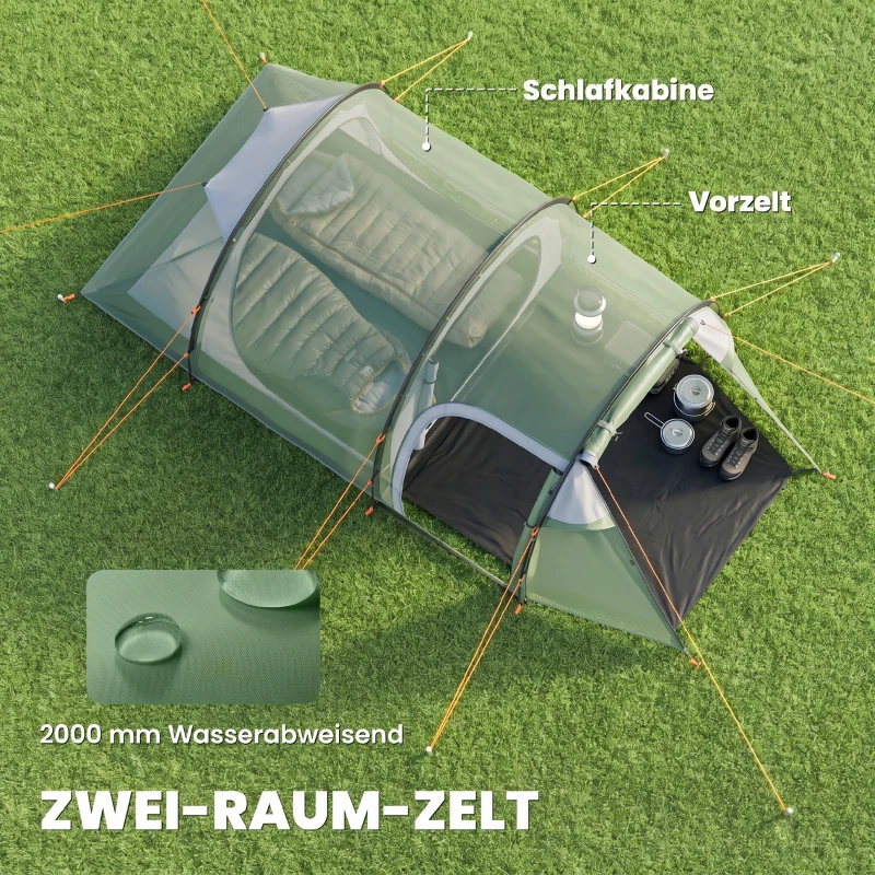 Outsunny Tent voor 3-4 personen 190T tunneltent kampeertent glasvezel donkergroen(m-4)
