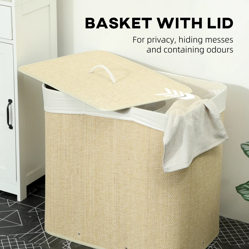 HOMCOM 3 Section Laundry Basket with Lid, 144L Bamboo Laundry Hamper with Handles, Removable and Washable Liner, Cream White