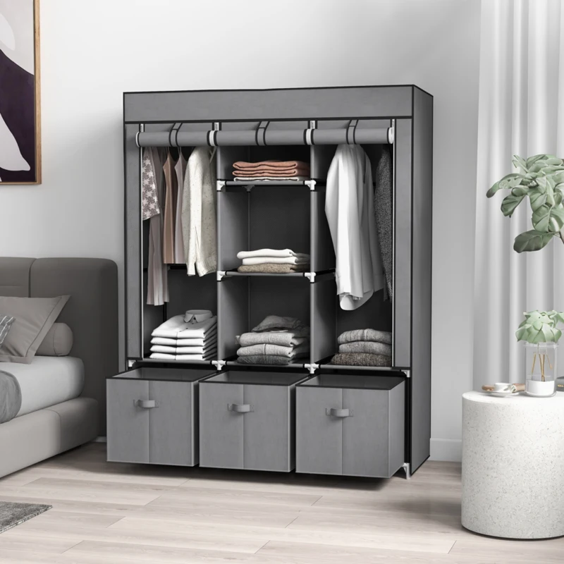 HOMCOM Foldable Wardrobe with 2 Hanging Rails, Fabric Wardrobe with 5 Shelves and 3 Fabric Drawers, 125 x 43 x 162.5cm, Dark Grey