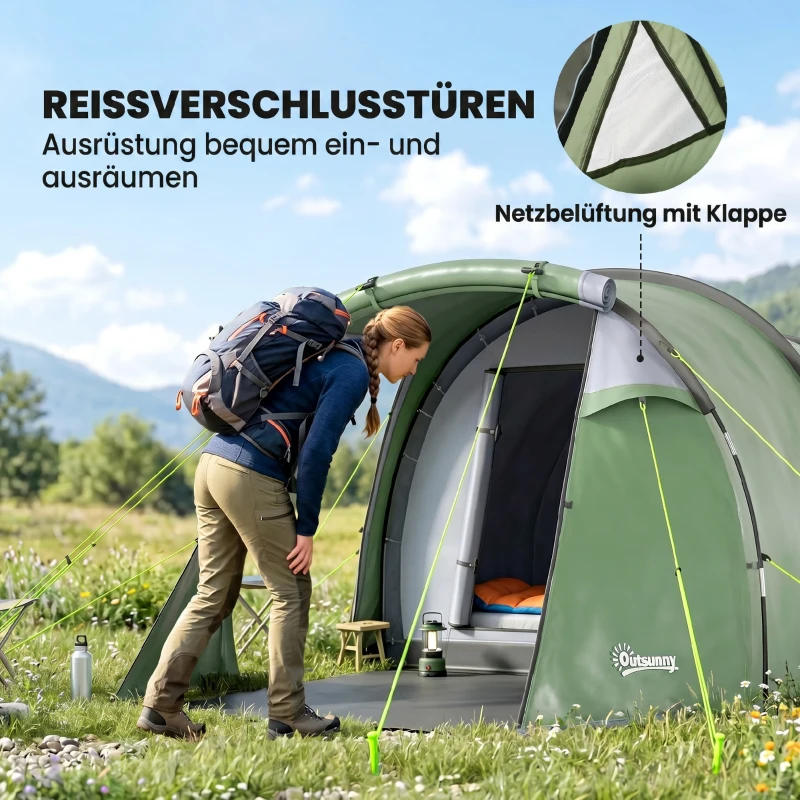 Outsunny Tent voor 3-4 personen 190T tunneltent kampeertent glasvezel donkergroen(m-5)