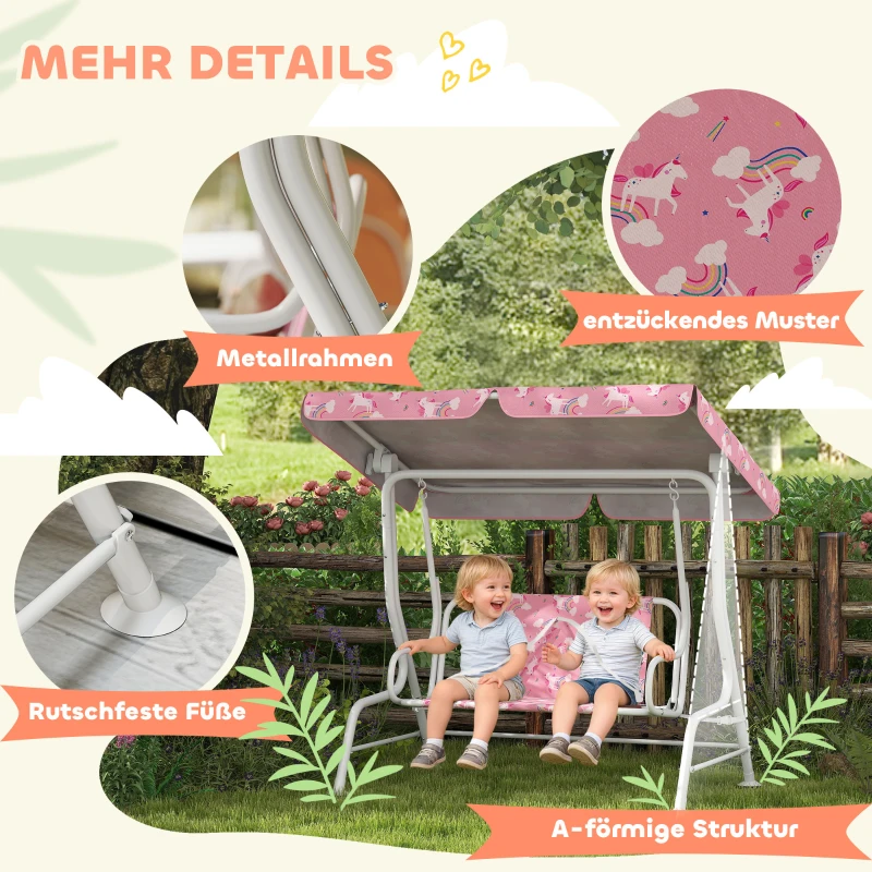 AIYAPLAY 2-Sitzer Kinder Hollywoodschaukel mit verstellbarem Sonnendach, Sicherheitsgurt, für 3-6 Jahre Kinder bis 60 kg Rosa