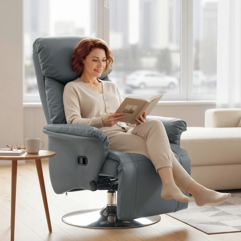 HOMCOM Poltrona Relax Girevole Reclinabile 130° con Poggiapiedi, Braccioli Svasati, in Finta Pelle, Grigio
