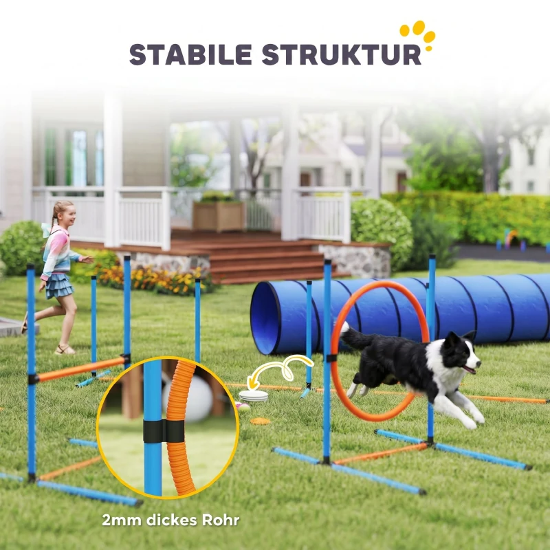 PawHut Zestaw treningowy Agility dla psów, 8-częściowy zestaw z tunelem, tyczkami slalomu, regulowanymi przeszkodami, obręczą do skoków, miską
