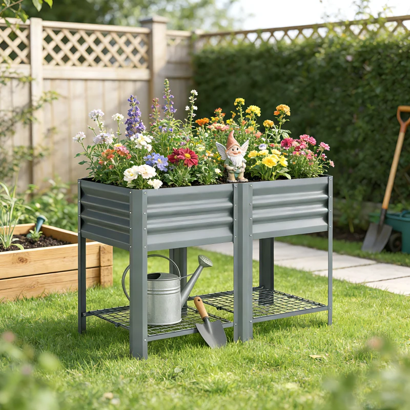 Outsunny Raised Garden Bed with Storage Shelf Steel Elevated Planter Box with Legs for Outdoor Vegetables Flowers