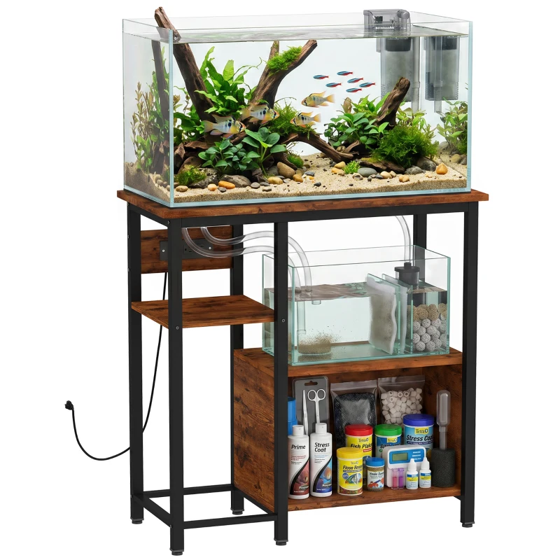 PawHut Fish Tank Stand with Power Outlets Aquarium Stand with Cabinet 20-29 Gallon Tanks Tiger Wood Grain