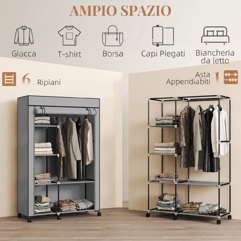 HOMCOM Armadio Portatile in Tessuto non Tessuto e Acciaio con Ruote, 6 Ripiani Aperti, Appendino, Grigio Chiaro