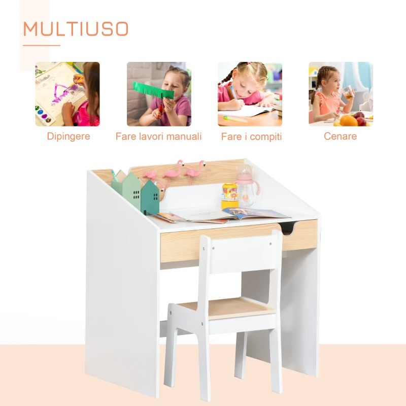 HOMCOM Set Scrivania e Sedia per Bambini con Cassetto e Scaffale, Bordi Arrotondati, Età 6-10 Anni, Bianco e Legno