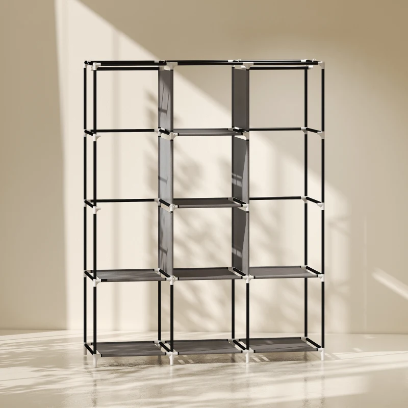 HOMCOM Foldable Wardrobe with 2 Hanging Rails, Fabric Wardrobe with 5 Shelves and 3 Fabric Drawers, 125 x 43 x 162.5cm, Dark Grey