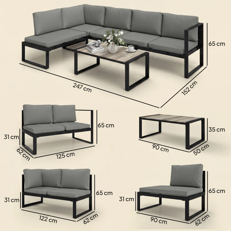 Outsunny Salon de Jardin Extérieur d'Angle 5 Personnes avec 2 Canapés, Chaise Sans Accoudoirs, Table Basse, Gris Foncé