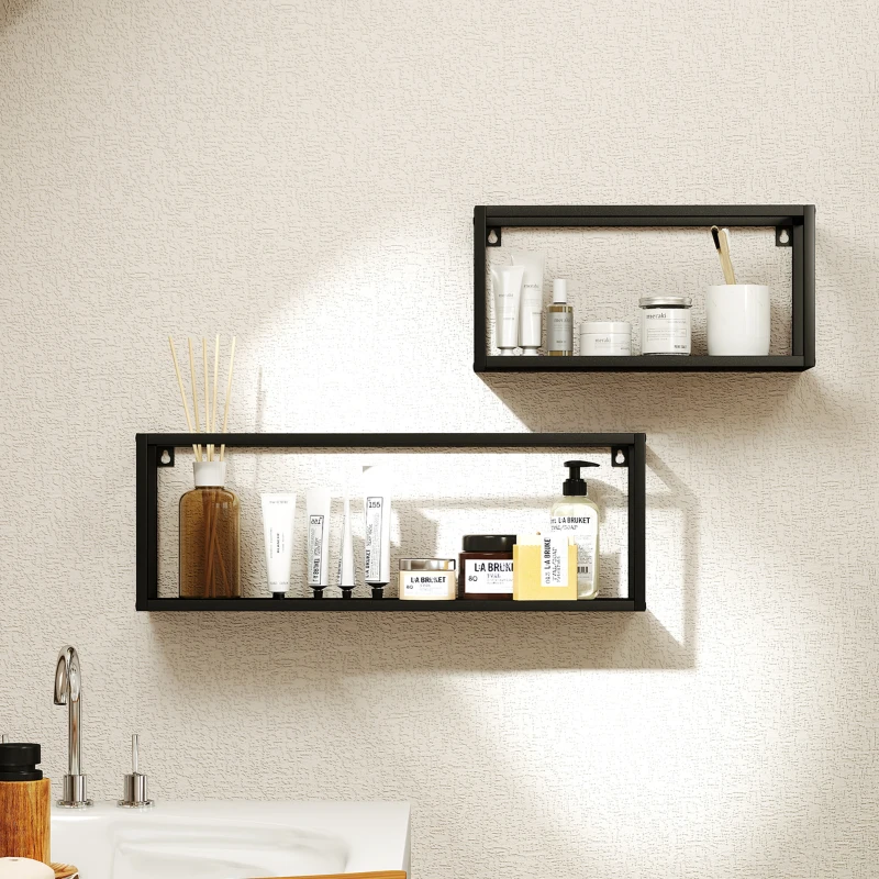 HOMCOM 2er-Set Wandregale, 15 kg Tragkraft, für Wandmontage, Stahl, Schwarz