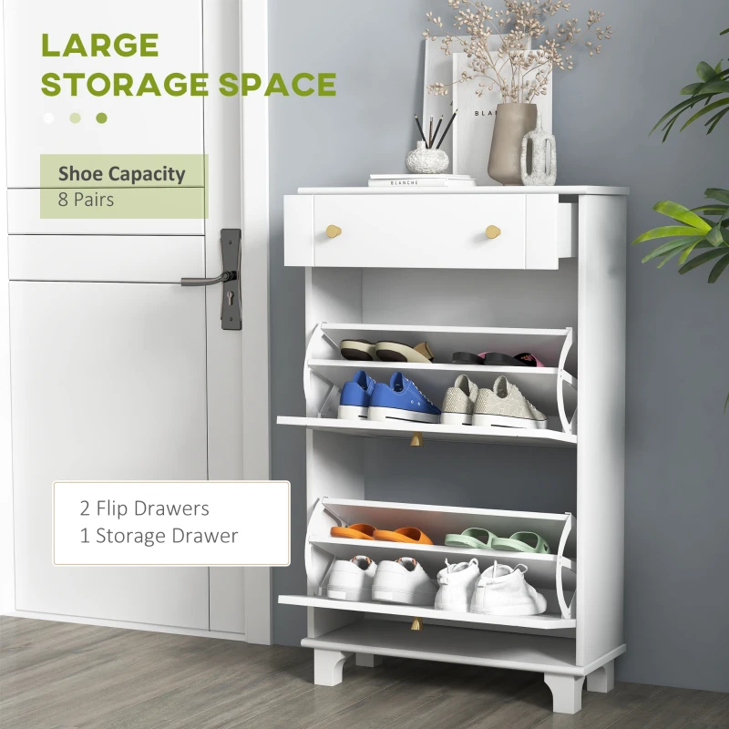 HOMCOM Scarpiera Salvaspazio Slim con 2 Ante a Ribalta, Scarpiera Ingresso con Ripiani Regolabili, Cassetto, Base Rialzata, Bianco