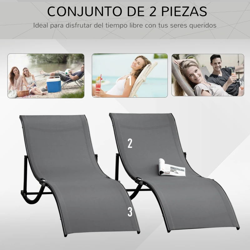 Outsunny 2 Tumbonas Plegables con Marco de Aluminio en Forma de S Carga de 120 kg para Piscina Terraza 165x61x63 cm Gris Oscuro