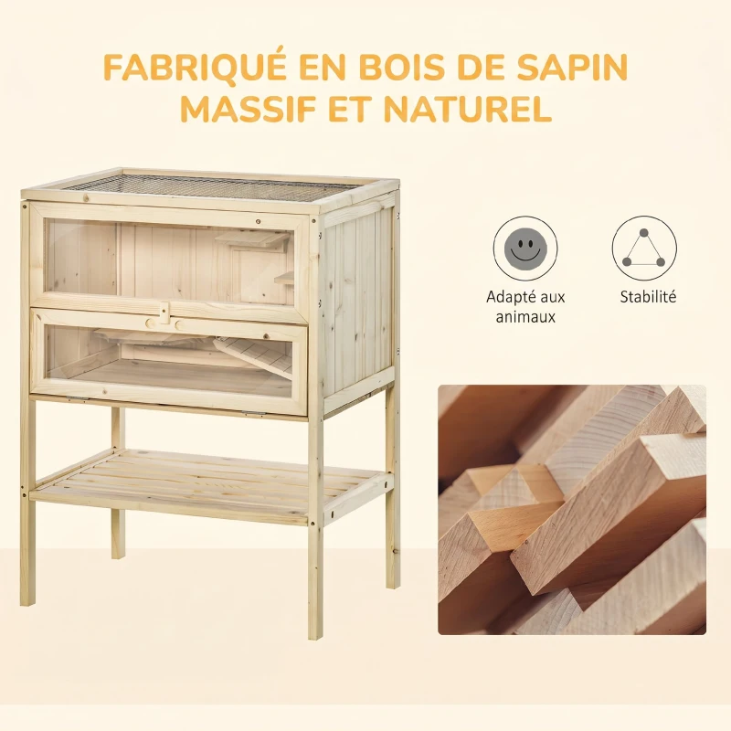 PawHut Cage Hamster en Bois à 3 Niveaux avec Plateformes, Échelles, Étagère, Fenêtre, Toit Ouvrable, 60x40x80cm, Naturel