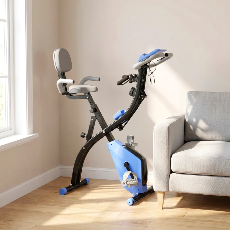 HOMCOM Vélo d'Appartement Pliable 4-en-1 - Ergomètre Magnétique Silencieux avec Cordes de Résistance - Sport Maison et Cardio-training avec Roulettes, Selle Confort et LCD (Max 120kg), Bleu