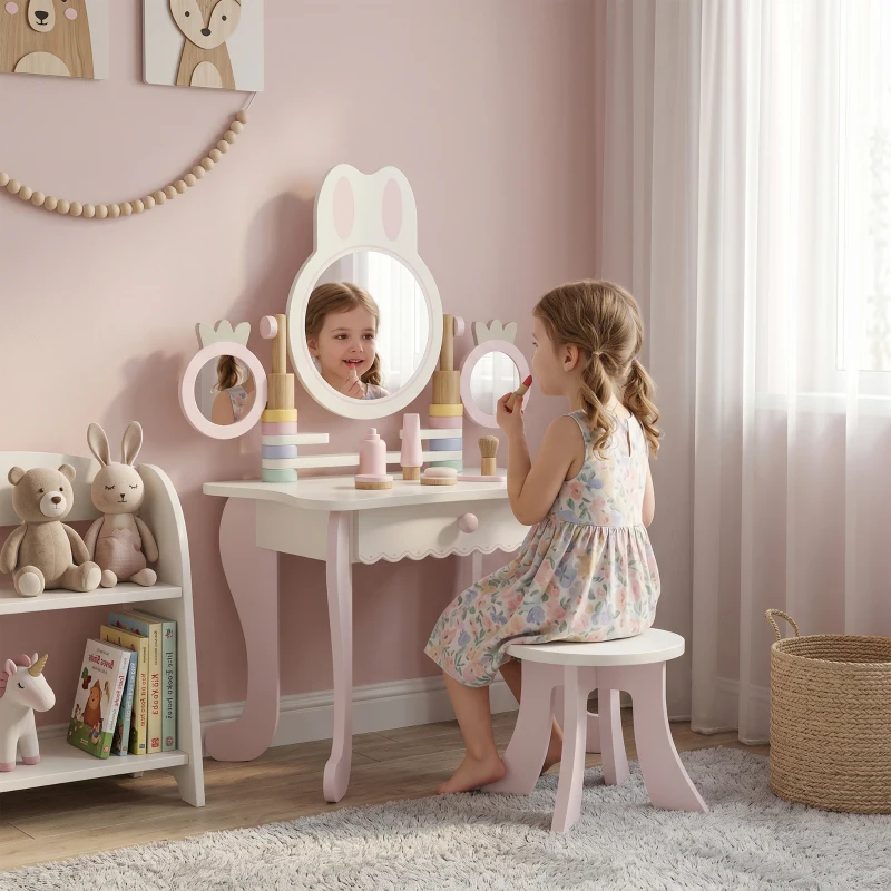 AIYAPLAY Coiffeuse enfants avec tabouret, 3 miroirs et 5 accessoires, poste de maquillage pour fille avec tiroir, 3+ ans, rose