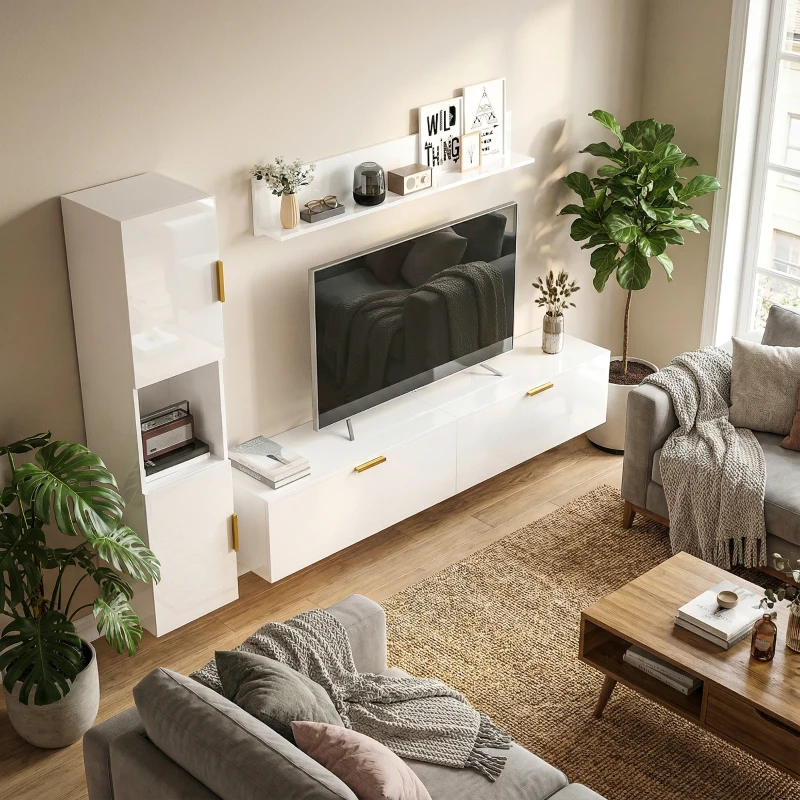 HOMCOM Schwebendes TV-Board mit Klapptüren Entertainment-Center Wandregal Schrank 180 cm Hochglanz Weiß