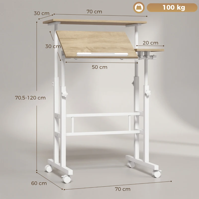 HOMCOM Escritorio Elevable Regulable en Altura 70x60 cm con Ruedas Tablero Inclinable Estructura de Metal Marrón
