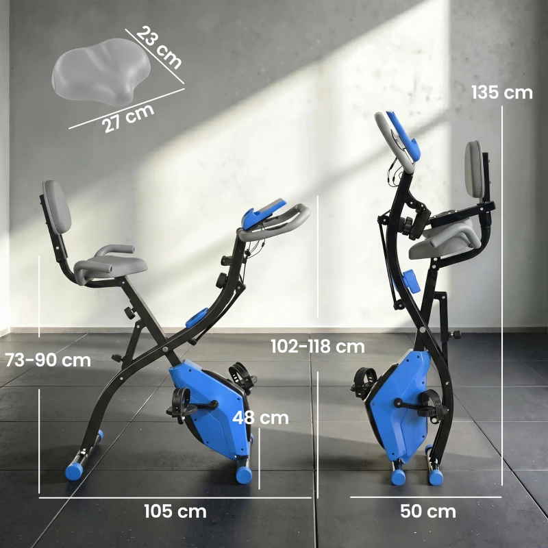 HOMCOM Vélo d'Appartement Pliable 4-en-1 - Ergomètre Magnétique Silencieux avec Cordes de Résistance - Sport Maison et Cardio-training avec Roulettes, Selle Confort et LCD (Max 120kg), Bleu