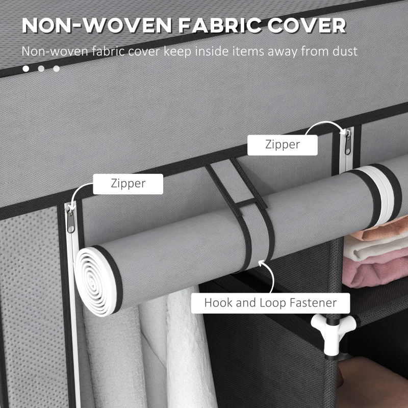 HOMCOM Foldable Wardrobe with 2 Hanging Rails, Fabric Wardrobe with 5 Shelves and 3 Fabric Drawers, 125 x 43 x 162.5cm, Dark Grey