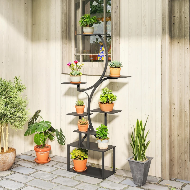 Outsunny Étagère à fleurs en métal à 8 niveaux, étagère à plantes en forme de S 158,5 cm, intérieur et extérieur, noir