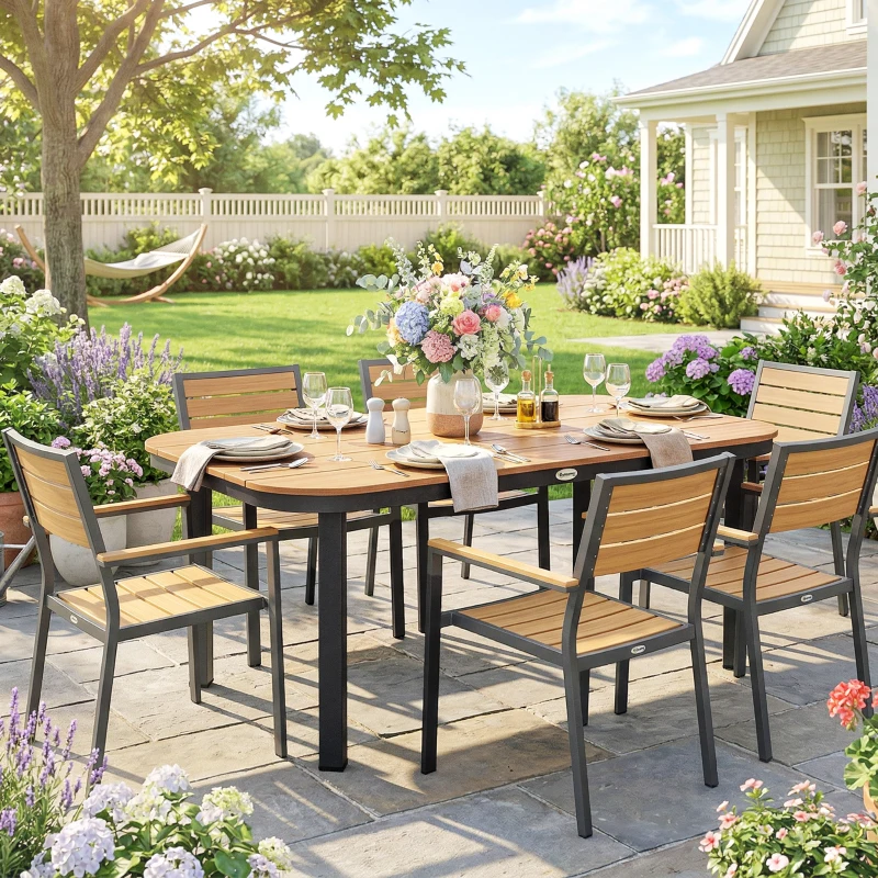 Outsunny Table de Jardin Rectangulaire pour 4-6 Personnes, Plateau en WPC à Lattes, Bords Arrondis, 155x88x72cm, Naturel