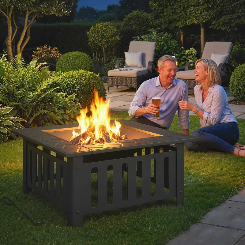 Outsunny Feuerschale aus Stahl Feuerstelle mit Funkenschutz Schürhaken für Outdoor BBQ Camping 67x67x47cm Schwarz