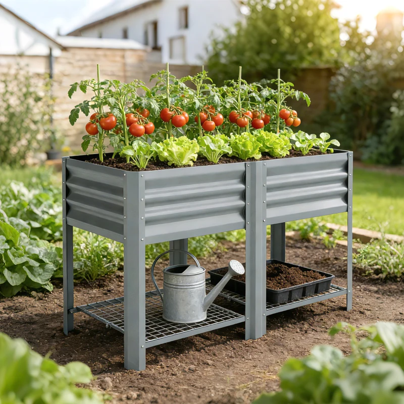 Outsunny Raised Garden Bed with Storage Shelf Steel Elevated Planter Box with Legs for Outdoor Vegetables Flowers