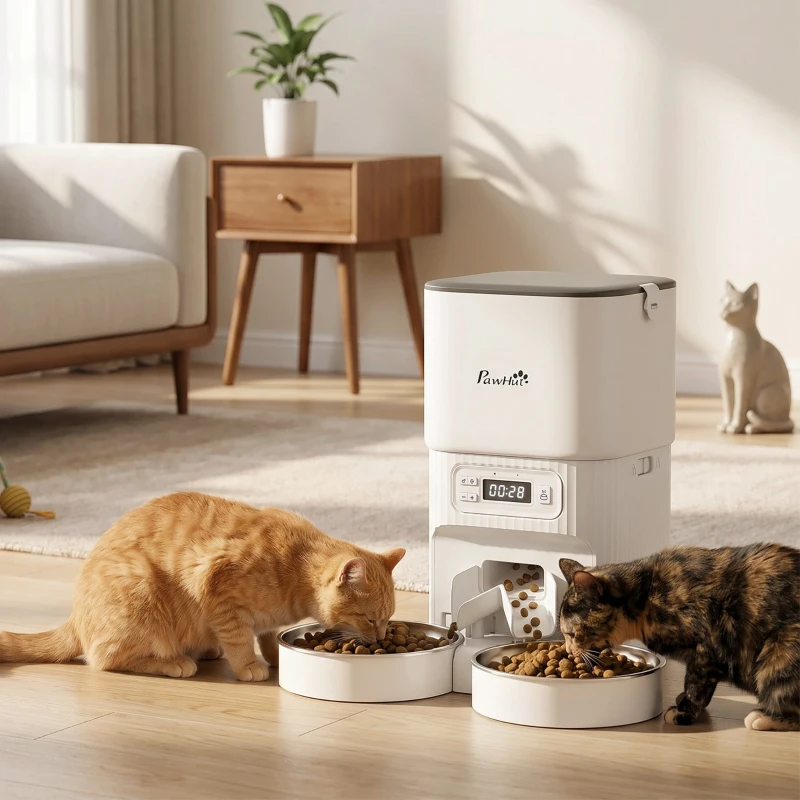 PawHut Alimentador Automático para Gatos/Cães 4L com 2 Tigelas, Dispensador de Ração 1-6 Refeições por Dia e Dupla Alimentação