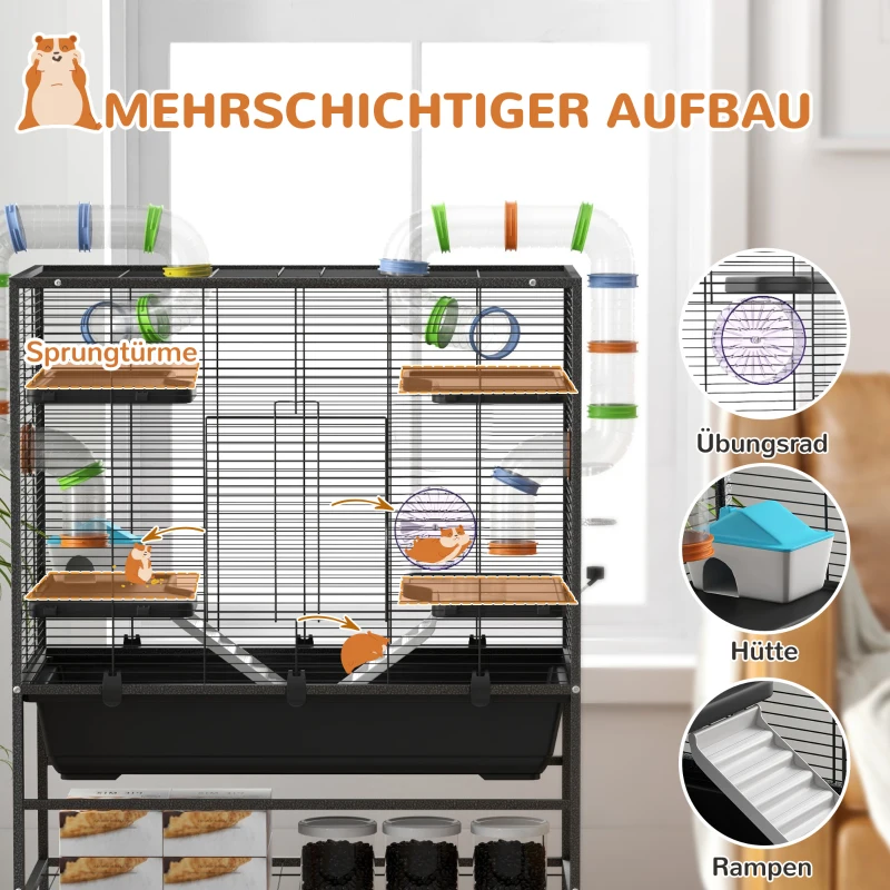 PawHut Hamsterkooi met Buizen, Looprad, Huisje, Waterdispenser, 120 x 82 x 46 cm, Zwart(m-5)