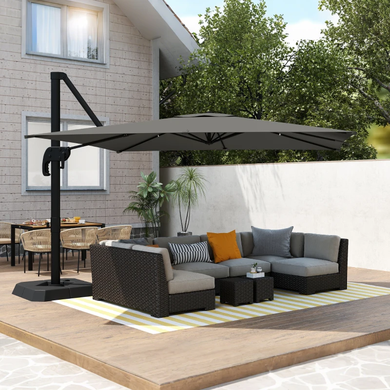 Outsunny Ombrellone Decentrato e Inclinabile 3x3 m con Base a Croce Riempibile e Manovella, in Poliestere Grigio Scuro