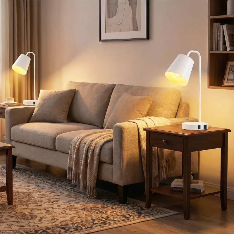 HOMCOM Pack de 2 Lámparas de Mesa Modernas en Acero con Puertos USB, Casquillo E27, Bombilla no Incluida, Blanco