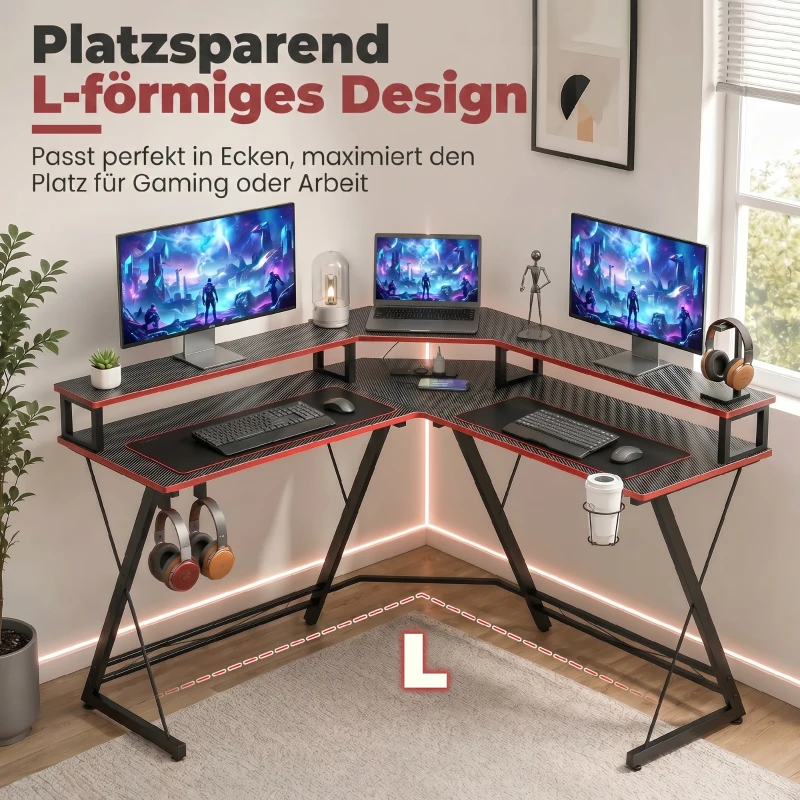 HOMCOM L-vormig computertafel met stopcontacten, 128 cm hoekbureau met monitorstandaard, hoofdtelefoonhaak & bekerhouder