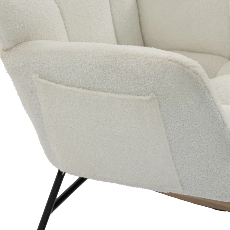 HOMCOM Fauteuil à Bascule, Rocking Chair en Peluche Teddy, Poches Latérales, Dossier à Oreilles Capitonné, Crème