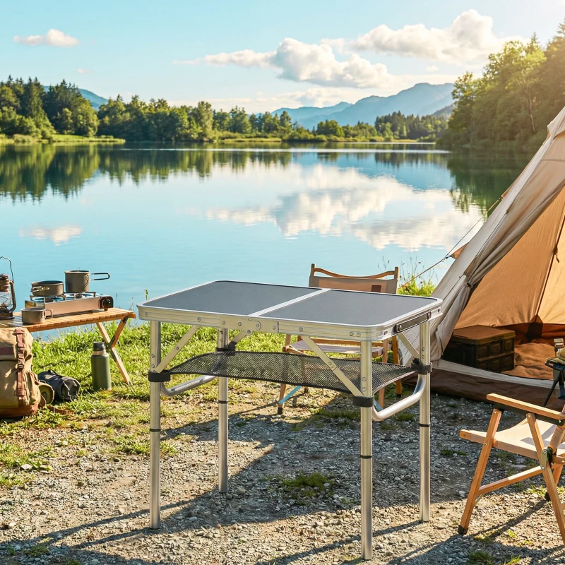 Outsunny Table pliante aluminium, table de camping pliante, poignée 4 hauteurs réglables avec Rangement 60x40x60cm, blanc