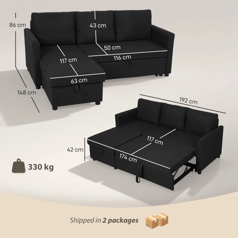 HOMCOM Eck-Schlafsofa, 3-Sitzer 192 cm mit seitenverstellbarer Ottomane, Verstecktem Stauraum, Anthrazitgrau