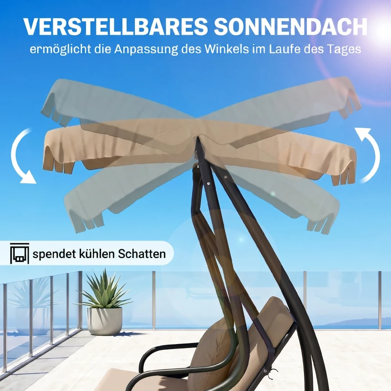 Outsunny Schommelbank, 3-zits Hollywoodschommel, Tuinschommel met Drankhouders, Staal, 200 x 120 x 164 cm, Bruin