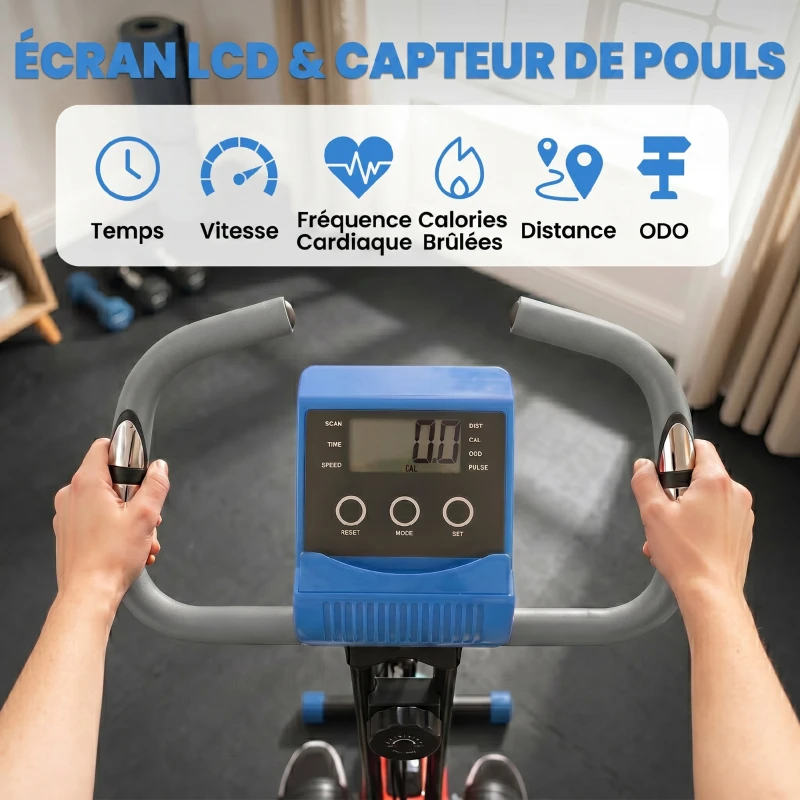 HOMCOM Vélo d'Appartement Pliable 4-en-1 - Ergomètre Magnétique Silencieux avec Cordes de Résistance - Sport Maison et Cardio-training avec Roulettes, Selle Confort et LCD (Max 120kg), Bleu