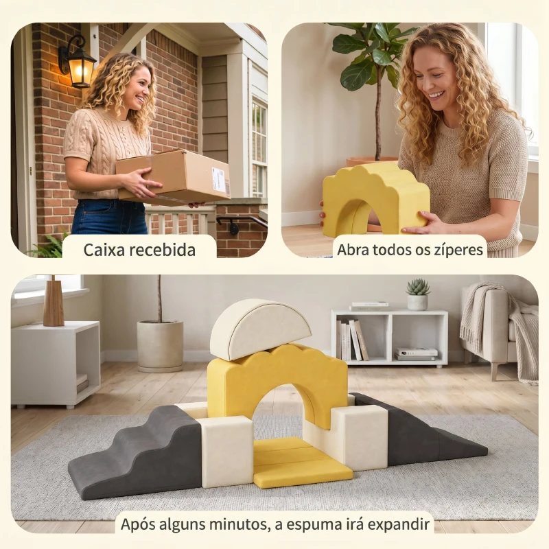 AIYAPLAY Conjunto de 7 Blocos de Espuma para Crianças com Base Antiderrapante 0,5-3 Anos Azul Amarelo