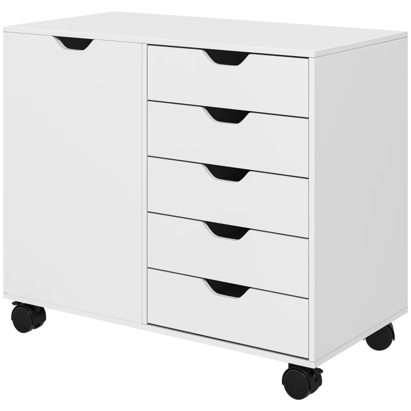 HOMCOM Gaveteiro de Escritório com Rodas, 5 Gavetas, Prateleira Ajustável e Suporte para Impressora, 78x40x66,5 cm, Branco
