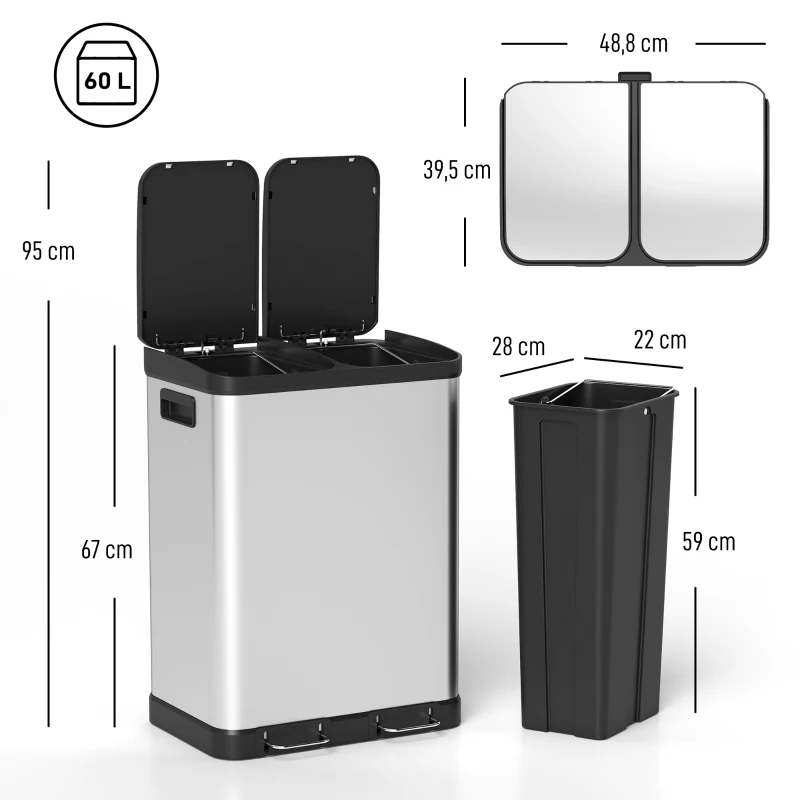 HOMCOM Küchenmülleimer mit Doppelkammer 2 x 30 l, Treteimer aus Edelstahl, Soft-Close-Deckel, Silber